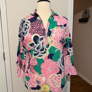 Talbots Pink Floral Button-Down Shirt with Green and Navy Accents